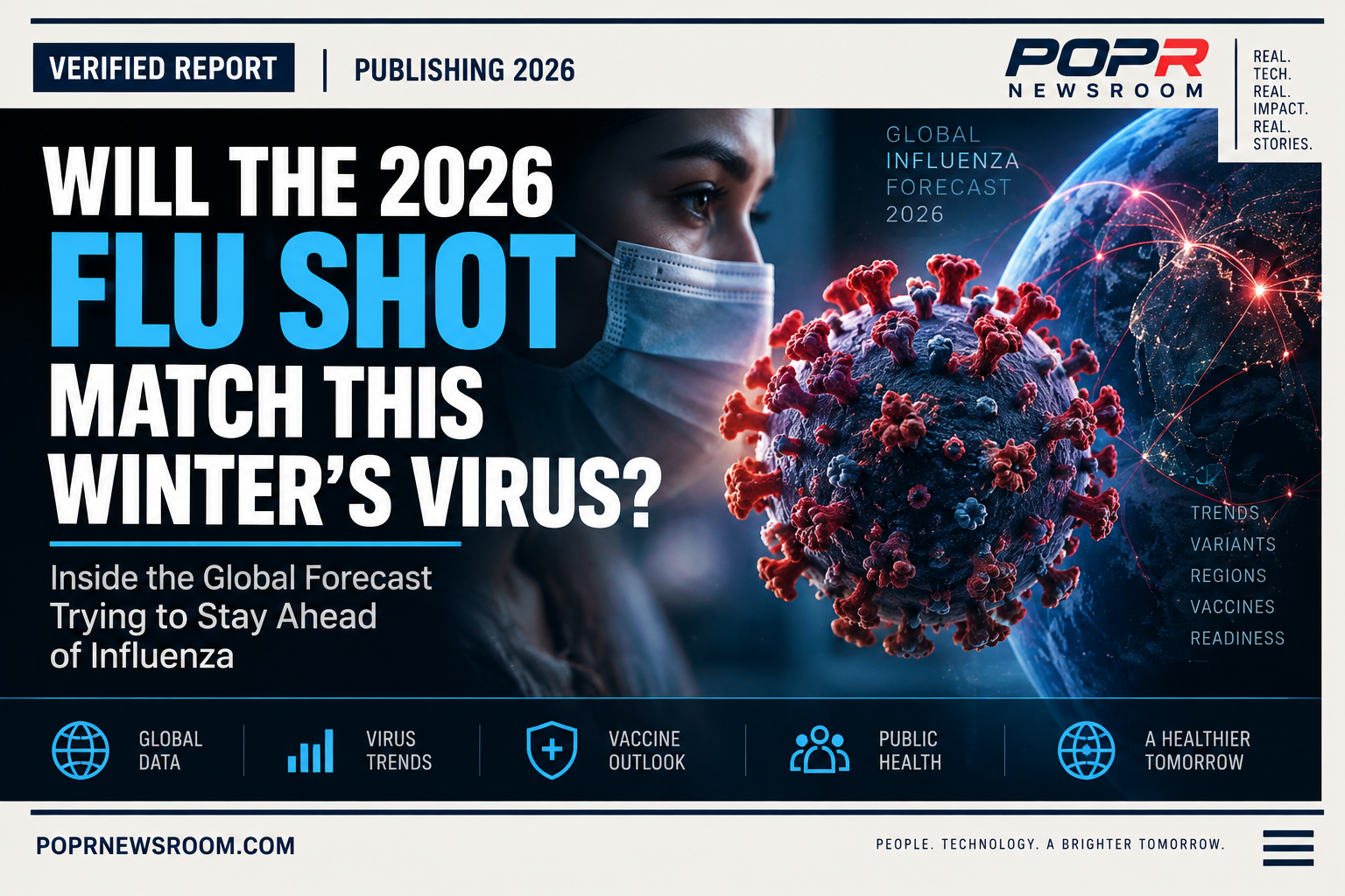 Editorial science illustration about the updated 2026–2027 flu vaccine and global influenza forecasting.
