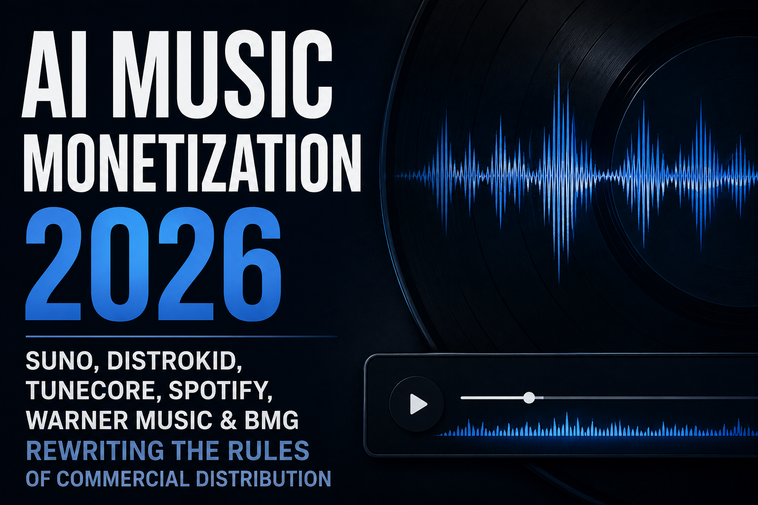 Editorial graphic for POPR Newsroom examining the emerging commercial rights, copyright, distribution and provenance stack for AI-generated music.