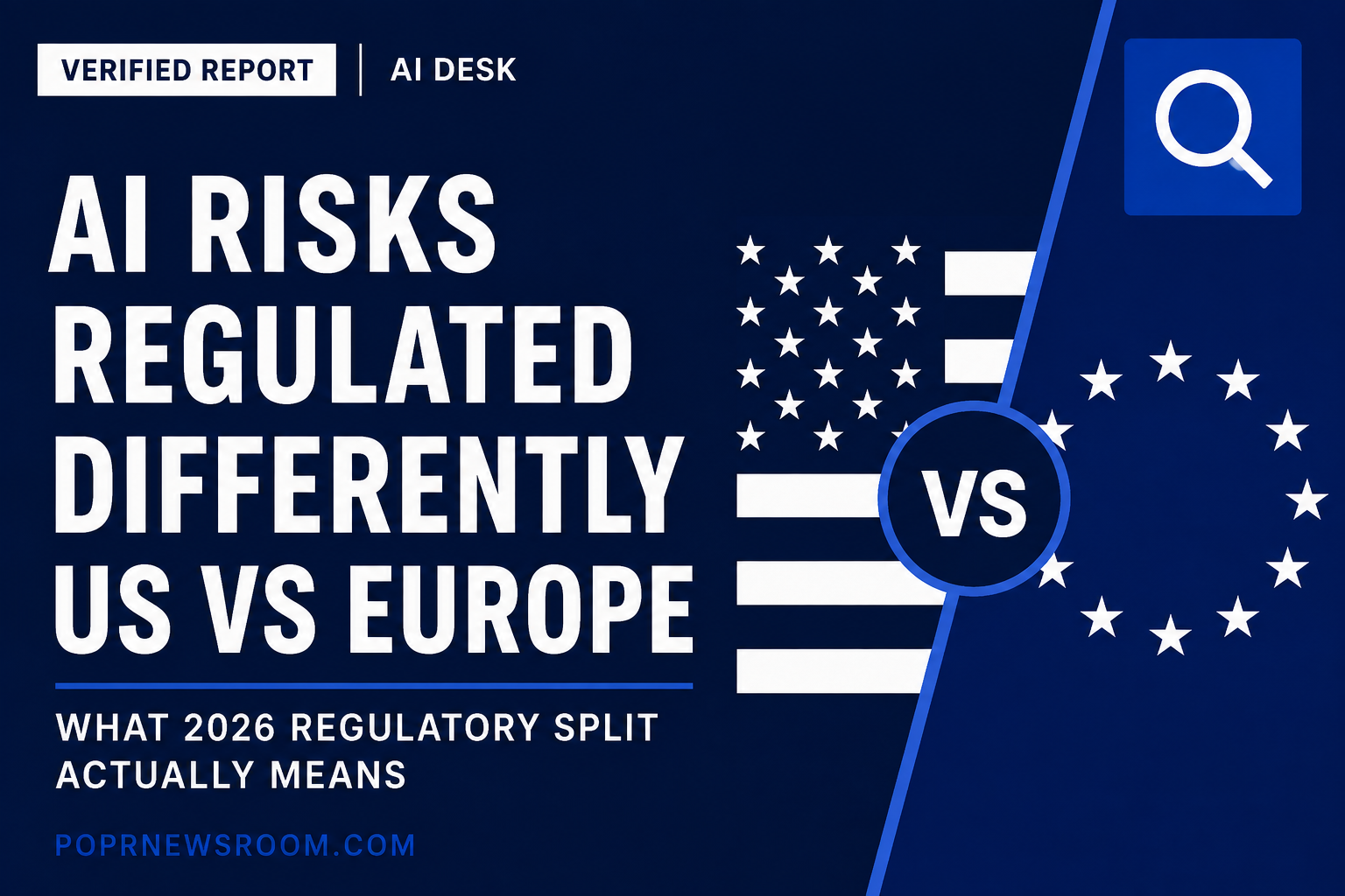 AI Risks Regulated Differently US vs Europe What 2026 Regulatory Split Actually Means POPR Newsroom Verified Report white type on navy with US and EU flag icons