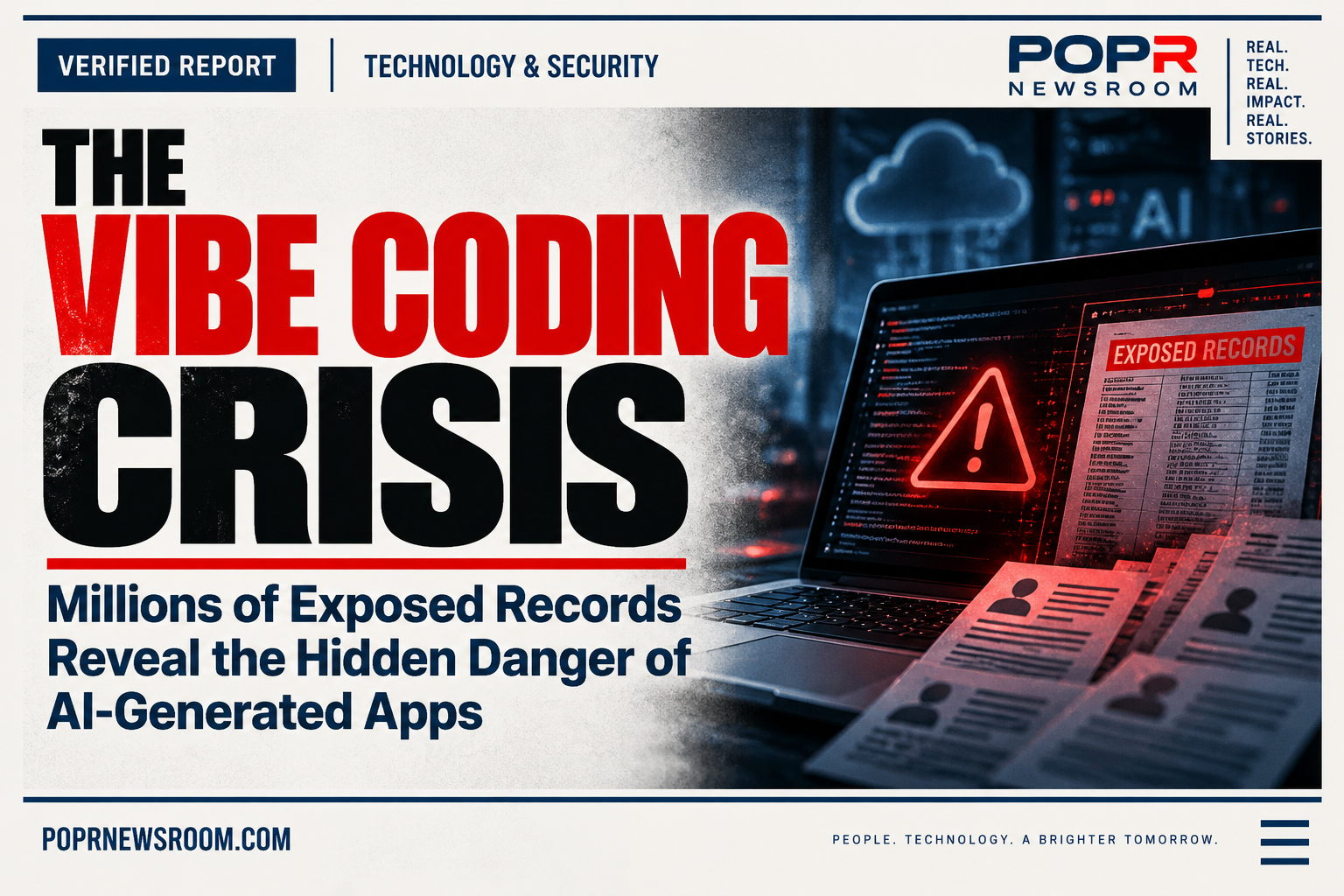 POPR Newsroom Technology and Security artwork showing vibe coding, exposed records and AI-generated applications moving faster than security validation.
