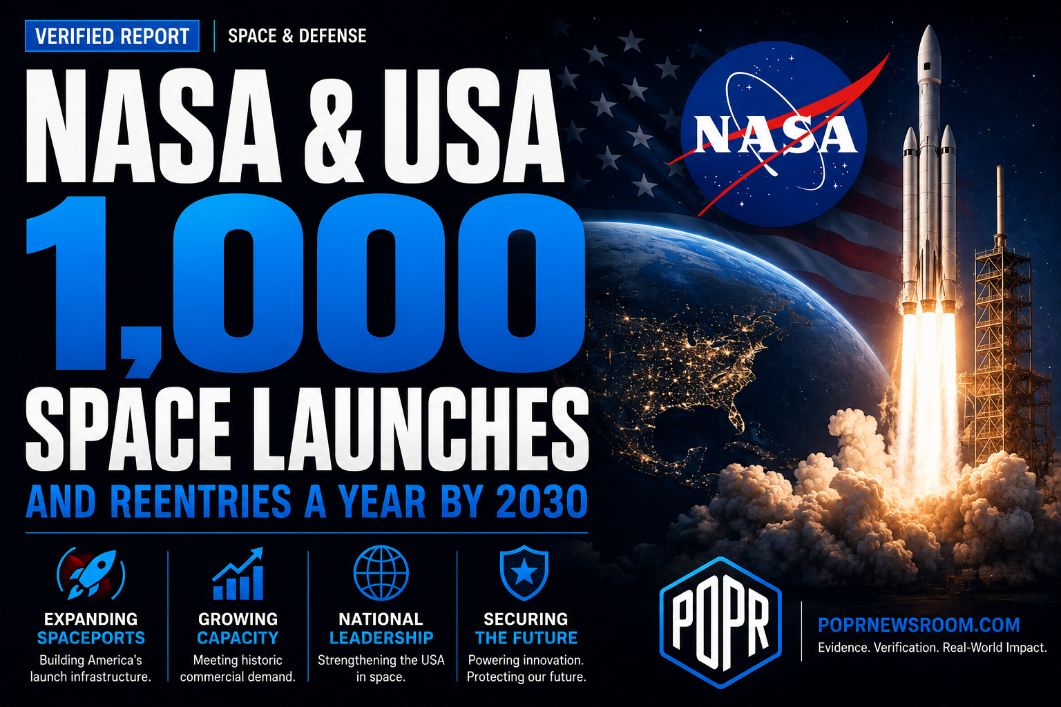 American space launch infrastructure representing the federal goal of supporting more than 1,000 launches and reentries annually by 2030.