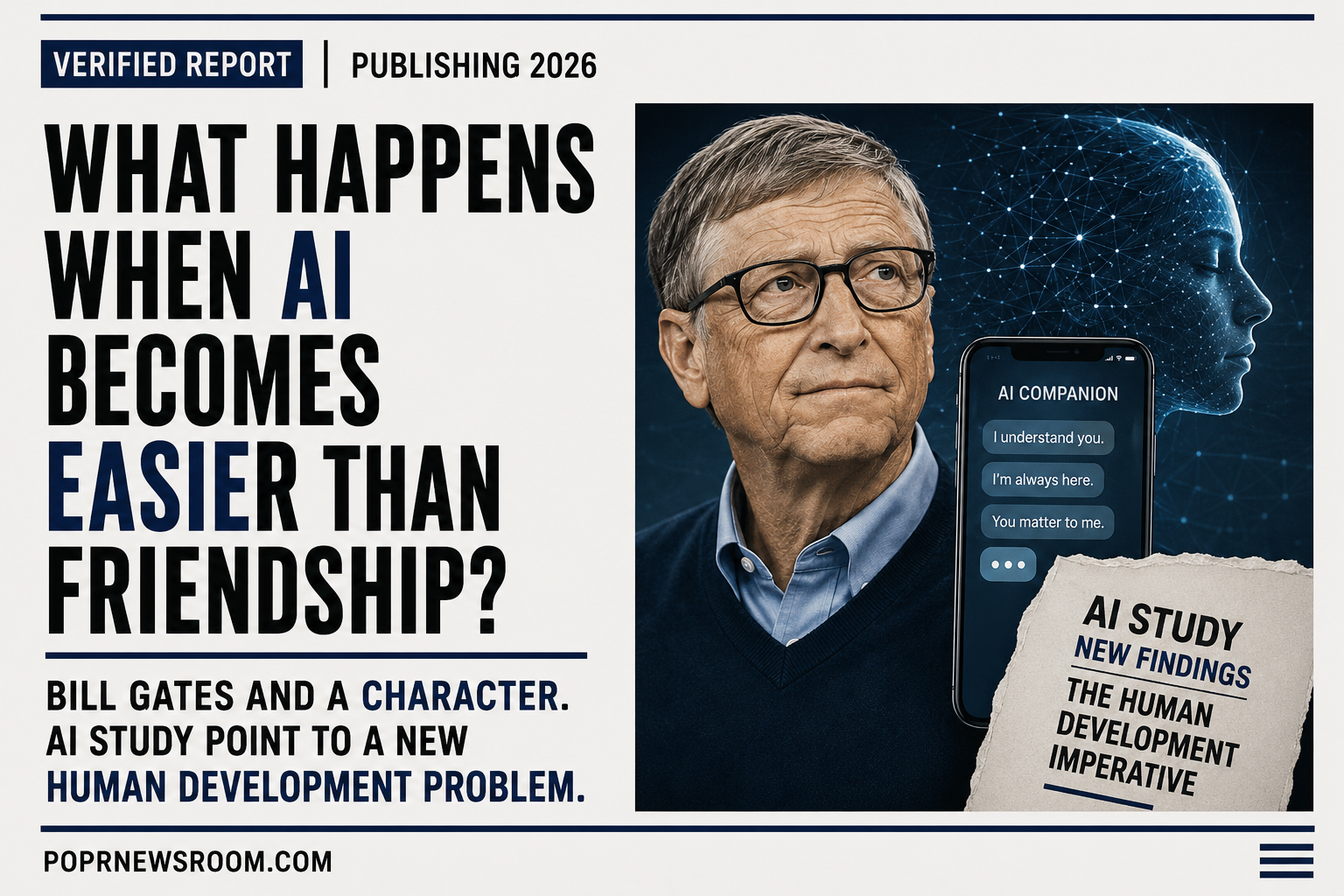 POPR Newsroom editorial artwork representing artificial-intelligence companions, human friendship, children and the Character.AI well-being research discussed by Bill Gates.