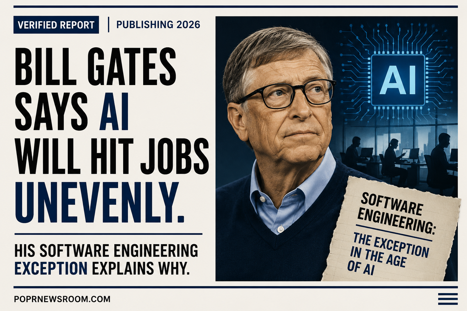 POPR Newsroom editorial artwork representing Bill Gates’s analysis of artificial intelligence, software engineering, entry-level employment and uneven AI job disruption.