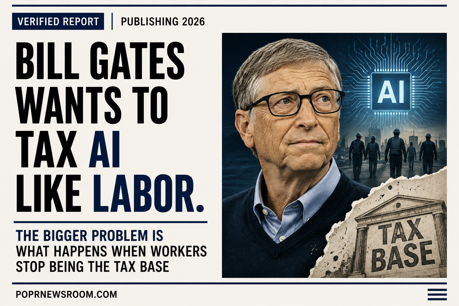 POPR Newsroom editorial graphic about Bill Gates’s robot-tax proposal, artificial intelligence, automation, human labor and the future tax base.