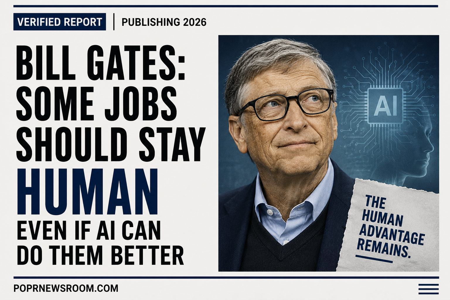 Editorial illustration representing Bill Gates’s Human Reserved proposal and the question of which jobs and human relationships should remain human as artificial intelligence becomes more capable.