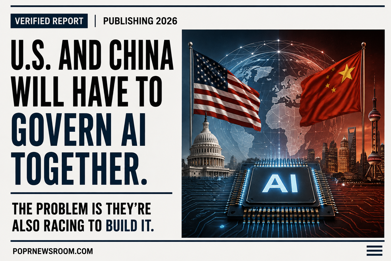 POPR Newsroom editorial graphic representing Bill Gates’s proposal for United States-China cooperation on international artificial-intelligence governance.