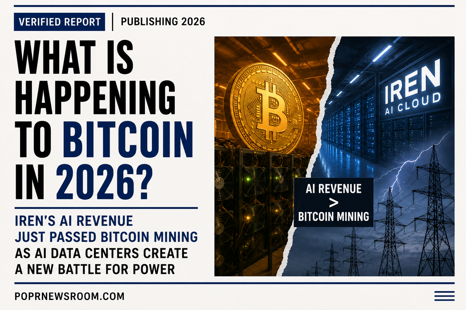 POPR Newsroom editorial graphic showing Bitcoin mining, IREN AI Cloud data centers and electrical power infrastructure.