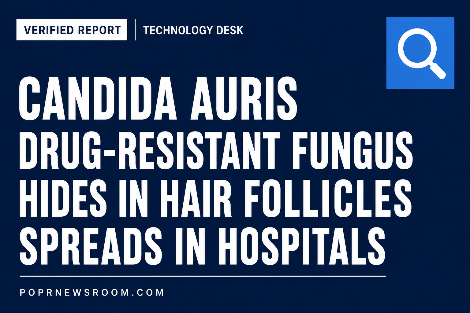 Candida auris Drug-Resistant Fungus Hides in Hair Follicles Spreads in Hospitals POPR Newsroom Verified Report bold white type on navy background