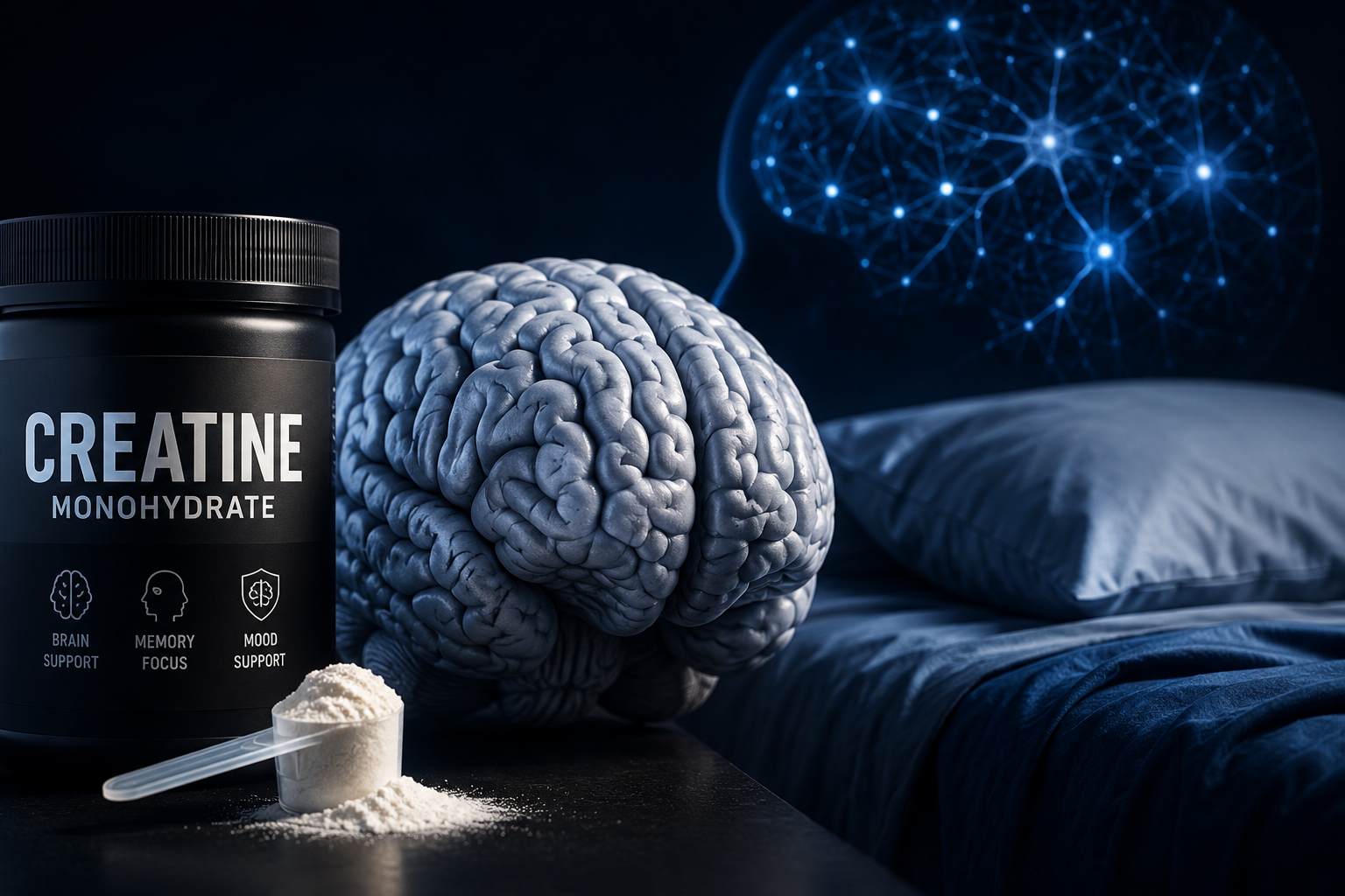 Container of creatine monohydrate supplement beside anatomical brain model with glowing neural network overlay representing brain health and cognitive research