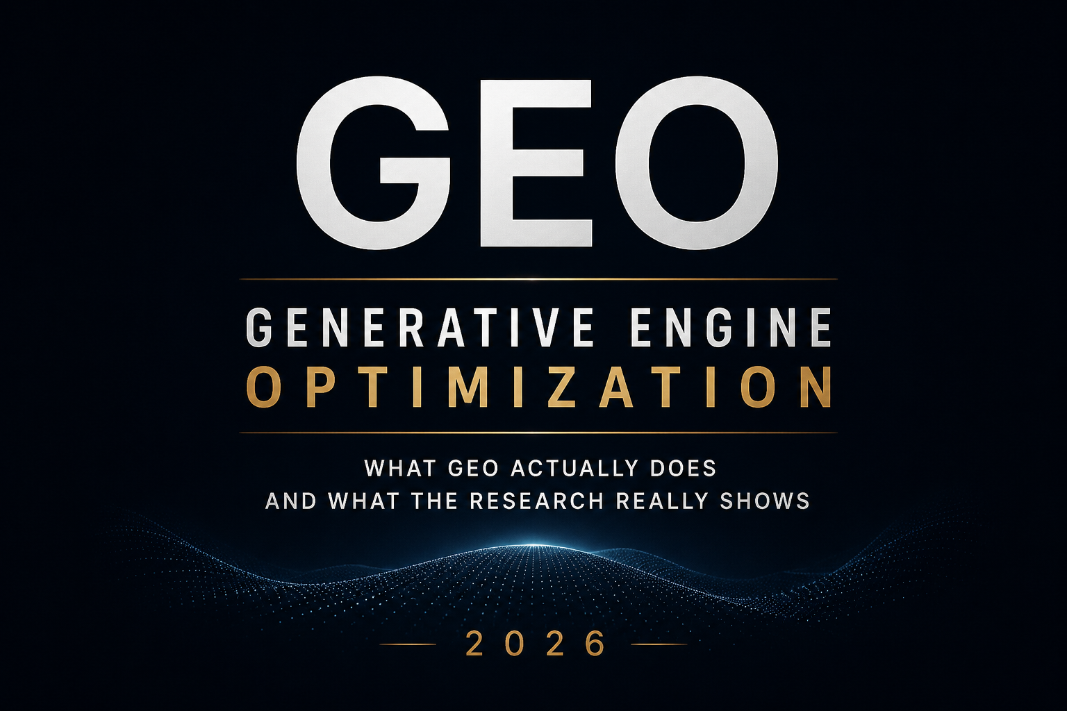 GEO Generative Engine Optimization 2026 text on dark background in bold silver and gold typography
