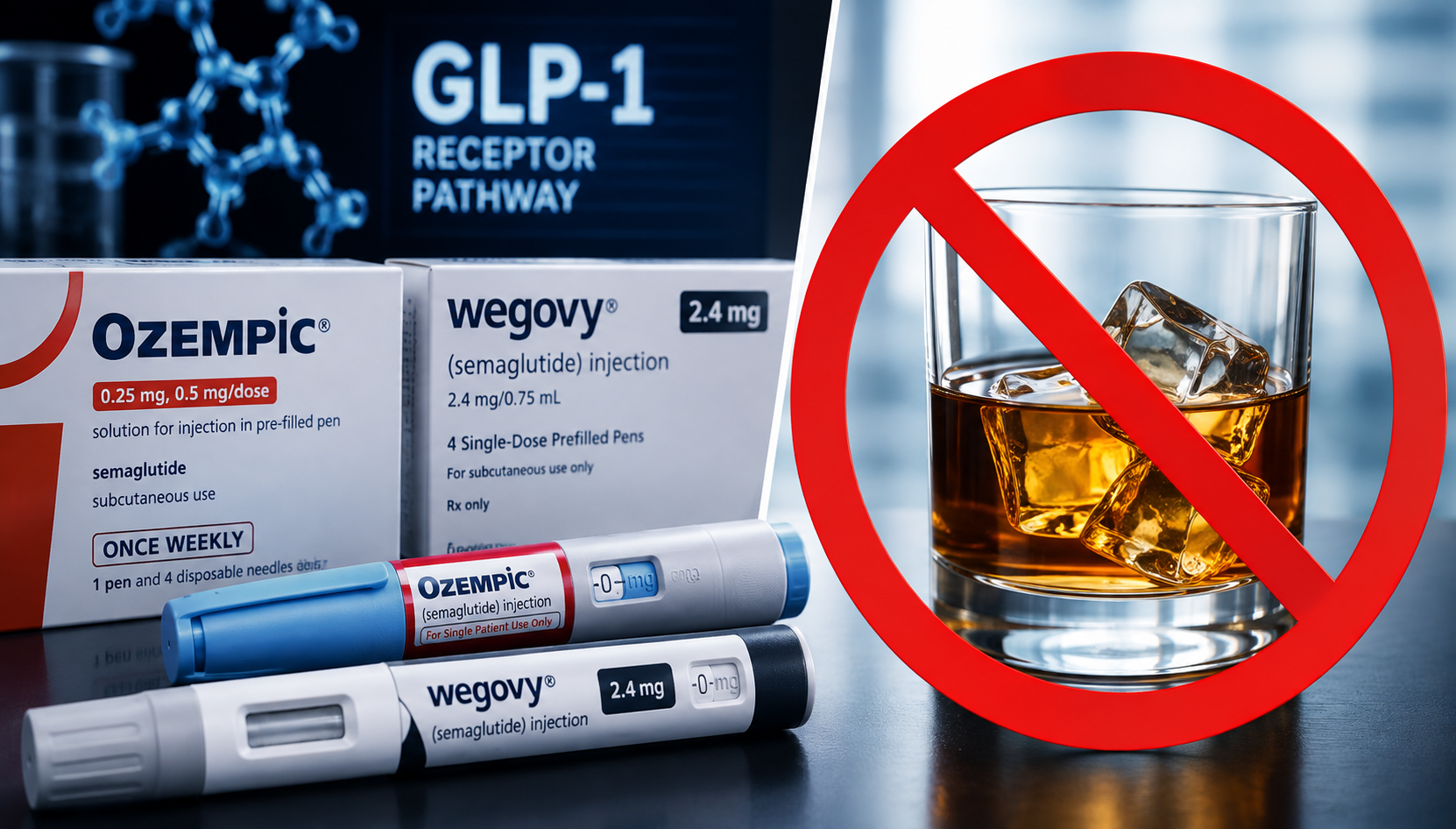 Ozempic and Wegovy semaglutide injection pens in front of a GLP-1 Receptor Pathway display, beside a whiskey glass with a no-alcohol prohibition symbol