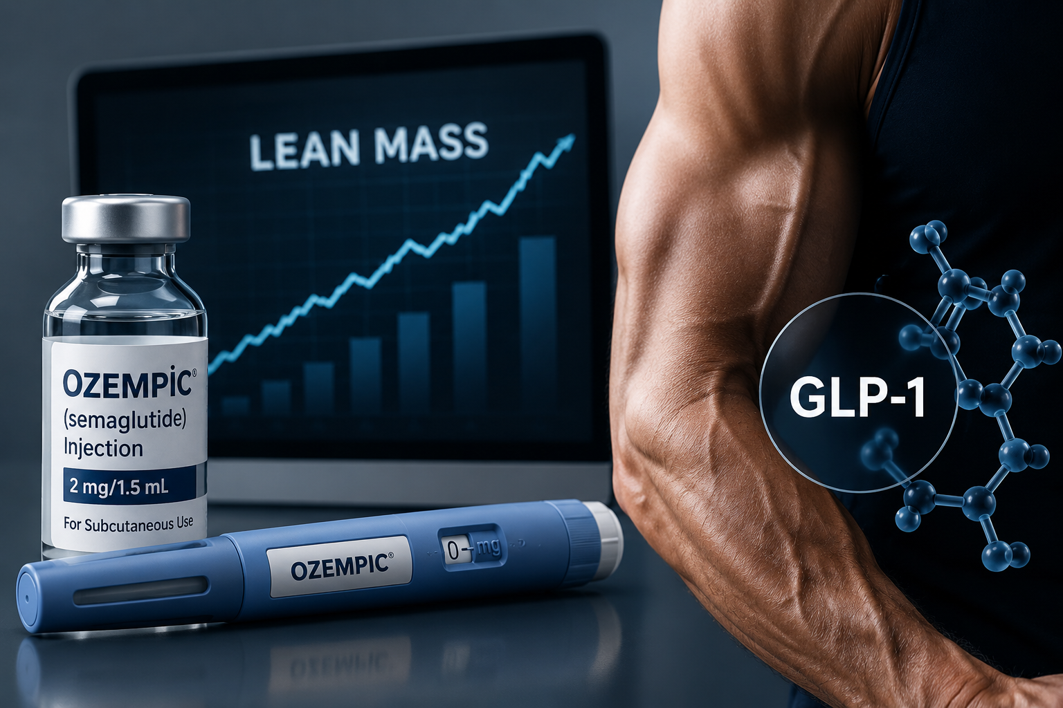 Ozempic semaglutide injection vial and pen beside a rising lean mass chart on a laptop screen and a muscular arm with GLP-1 molecule overlay