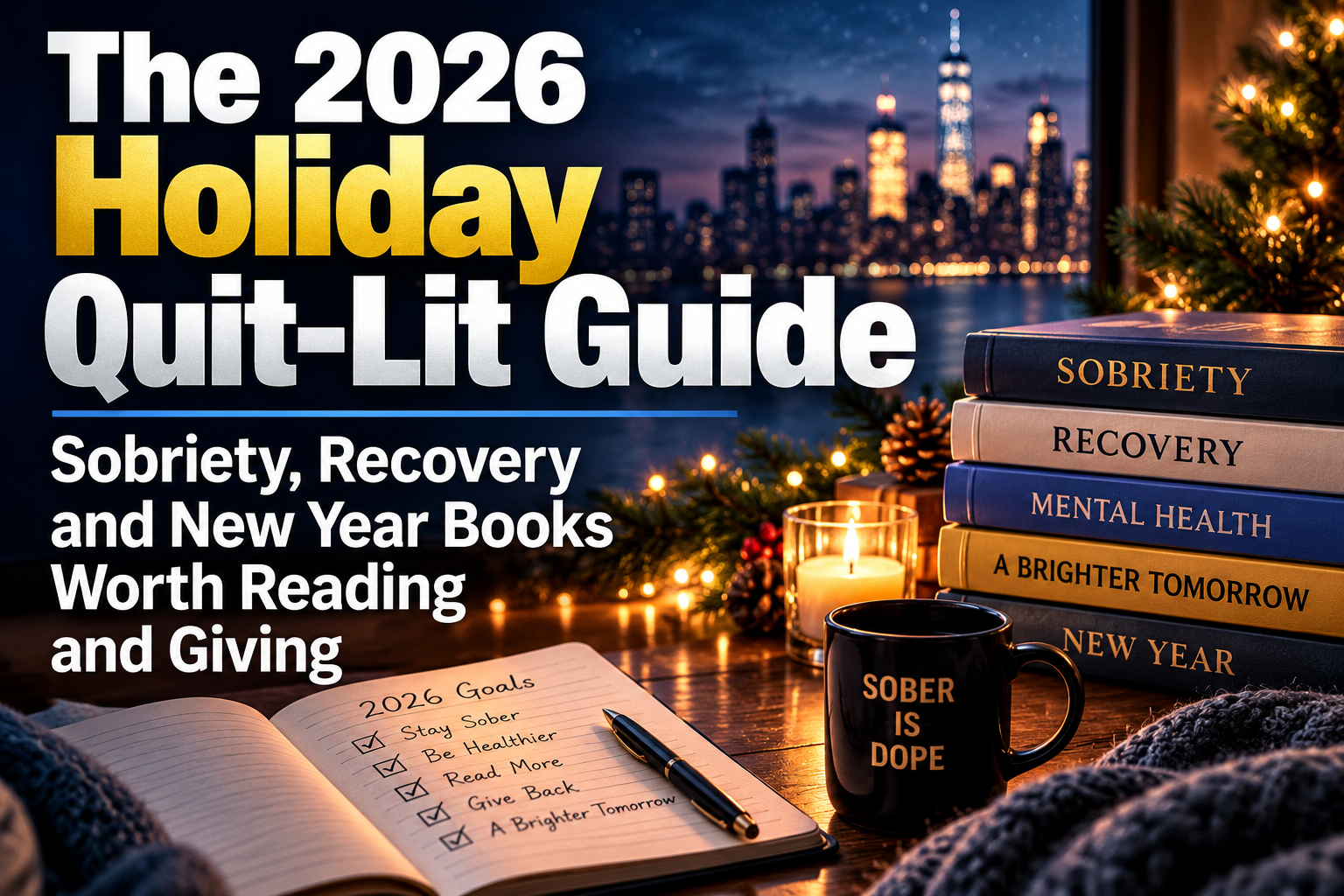 Holiday recovery book guide artwork showing sobriety and mental health books, a Sober Is Dope mug and a notebook of New Year goals.