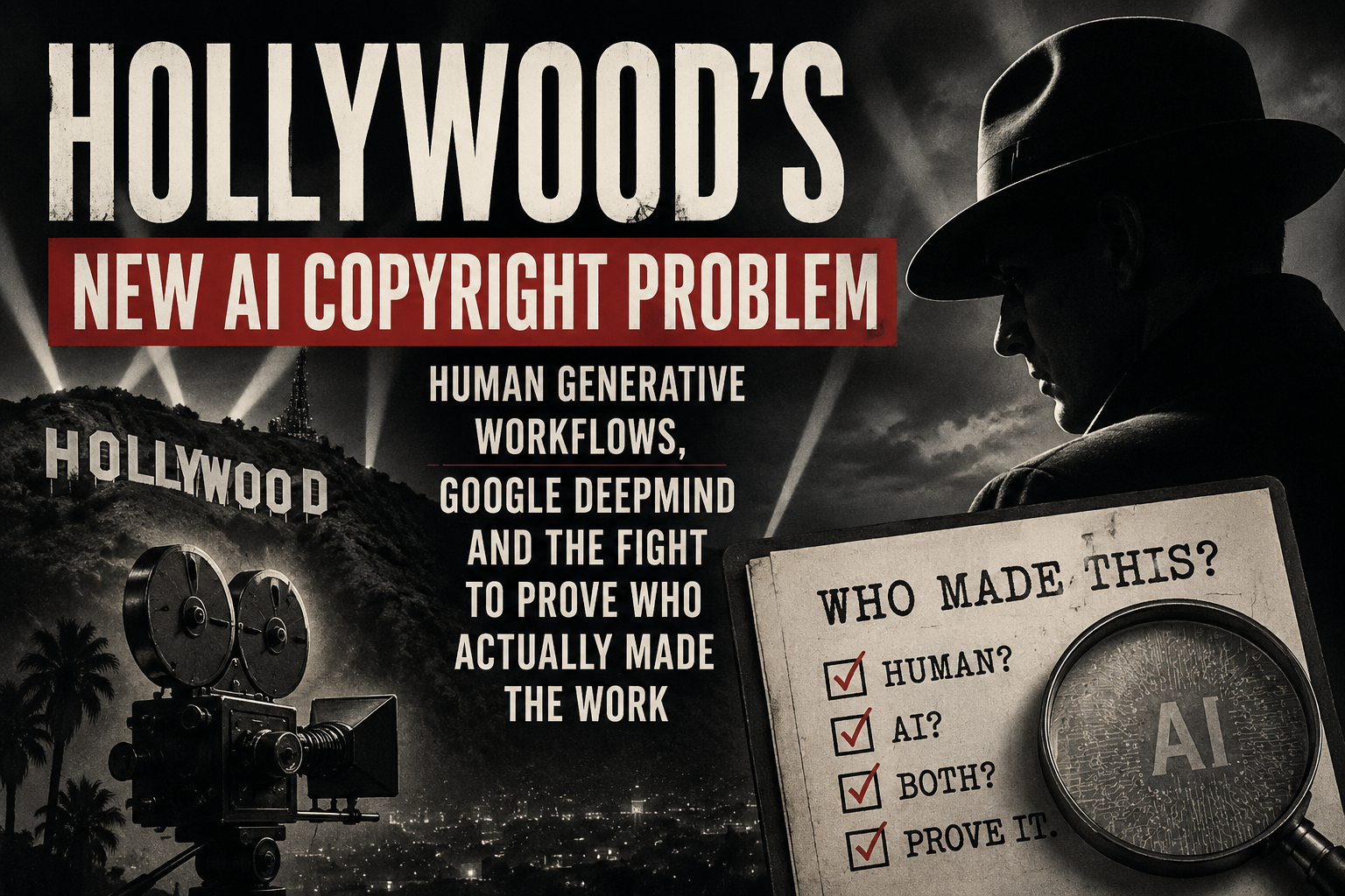 Editorial graphic for POPR Newsroom examining Hollywood, generative AI filmmaking, Human Generative Workflows and proof of human authorship.