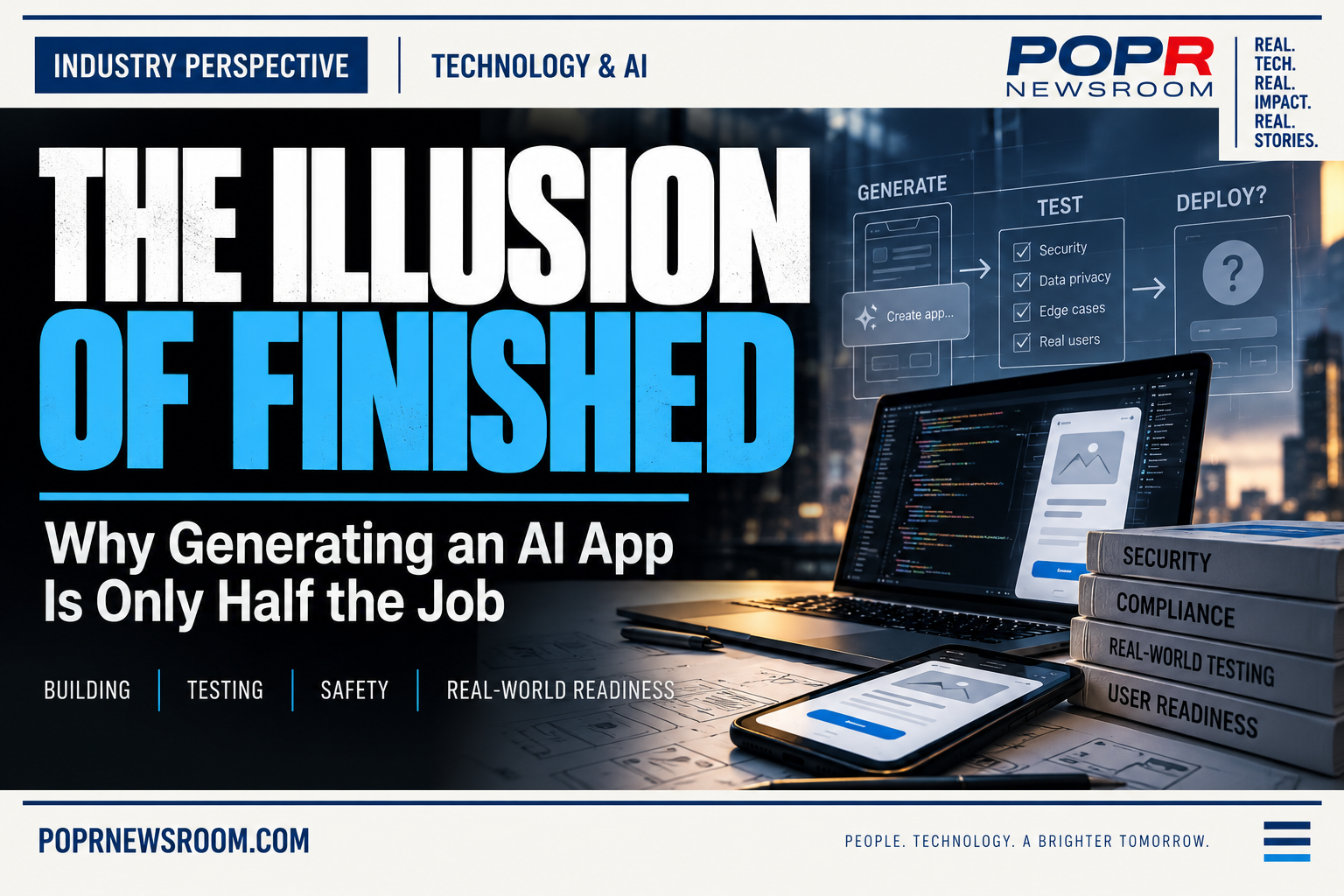 POPR Newsroom Industry Perspective artwork showing an AI app moving from generation through testing, security and real-world user readiness.