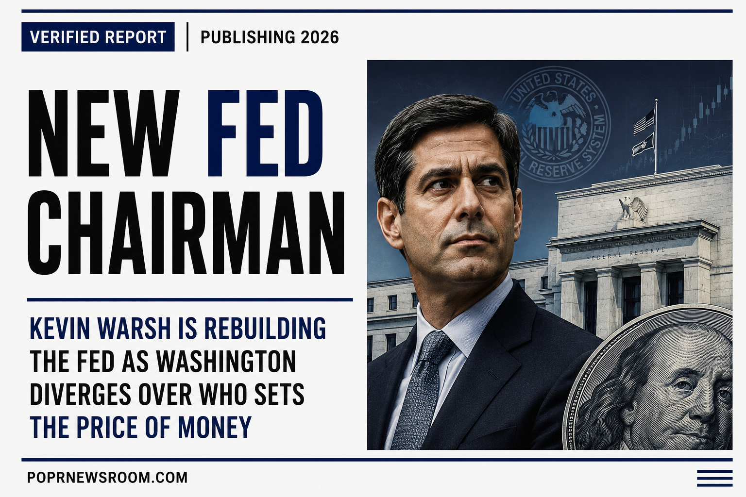 POPR Newsroom editorial graphic about Federal Reserve Chair Kevin Warsh, his August 2026 Jackson Hole speech, interest rates and the debate over the price of money.