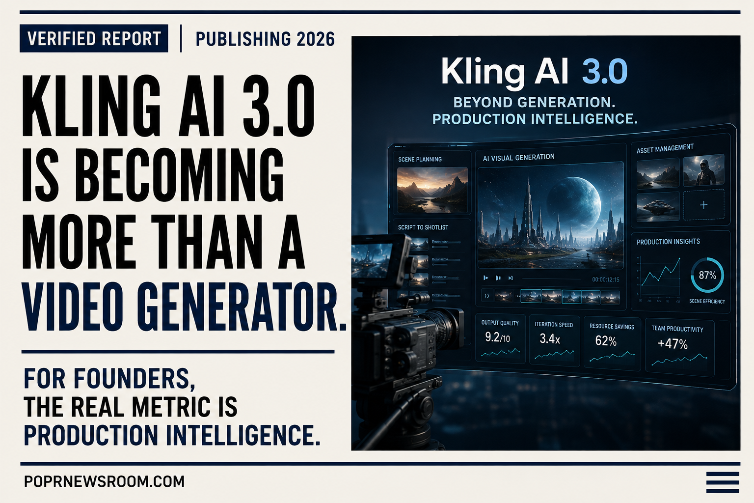 POPR Newsroom artwork representing Kling 3.0 Omni as a small-creator AI cinema workflow with reference assets, camera direction and a film frame.