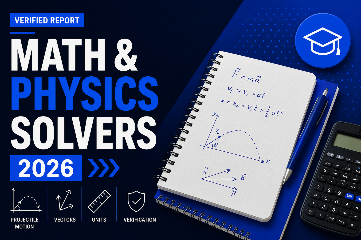 Math and Physics Solvers Show Every Step 2026 POPR Newsroom Verified Report showing equations notebook with Newton second law kinematics formulas vector diagrams graduation cap and calculator on navy blue background