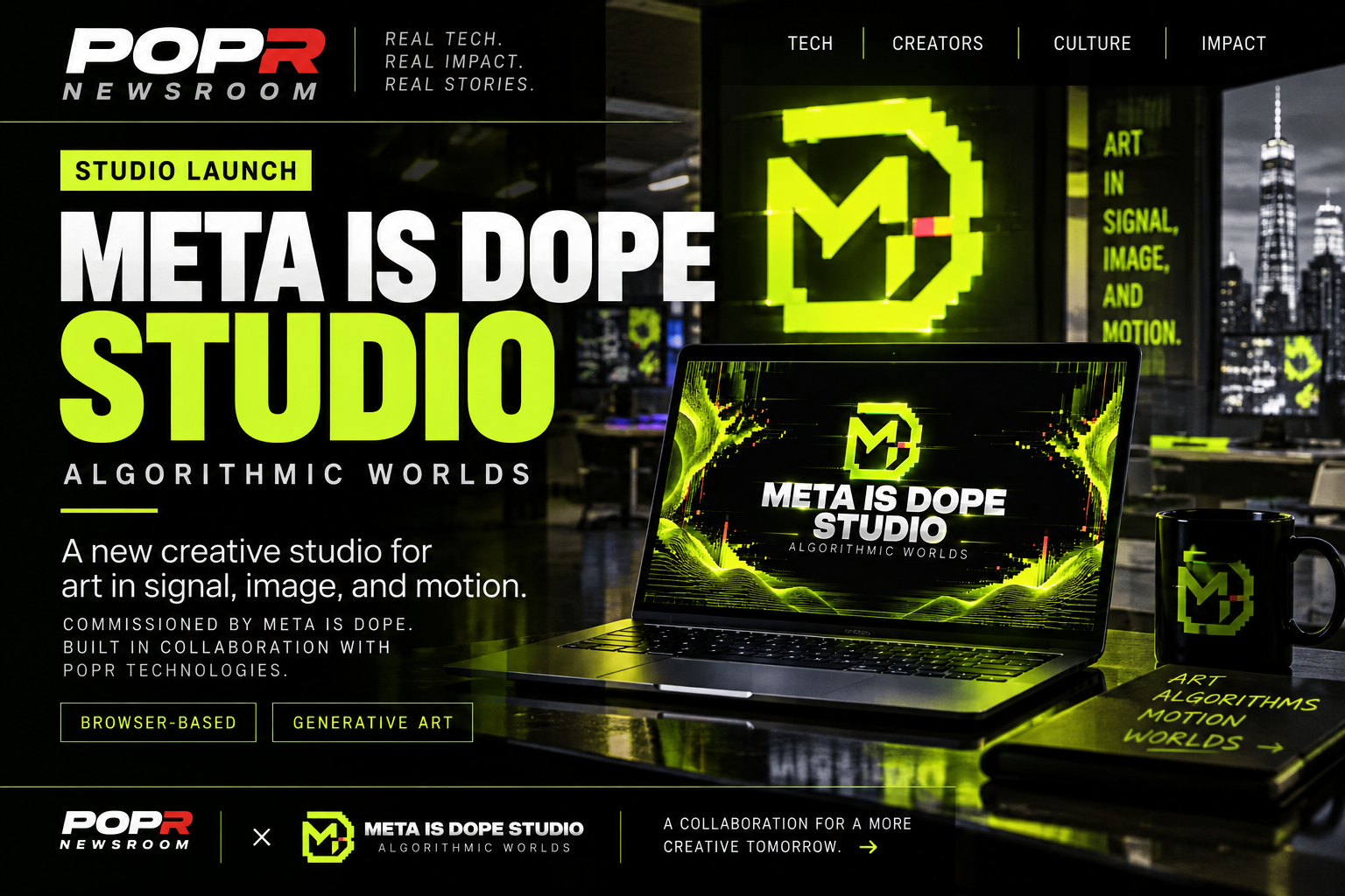 Meta Is Dope Studio launch graphic showing its browser-based algorithmic art workspace.