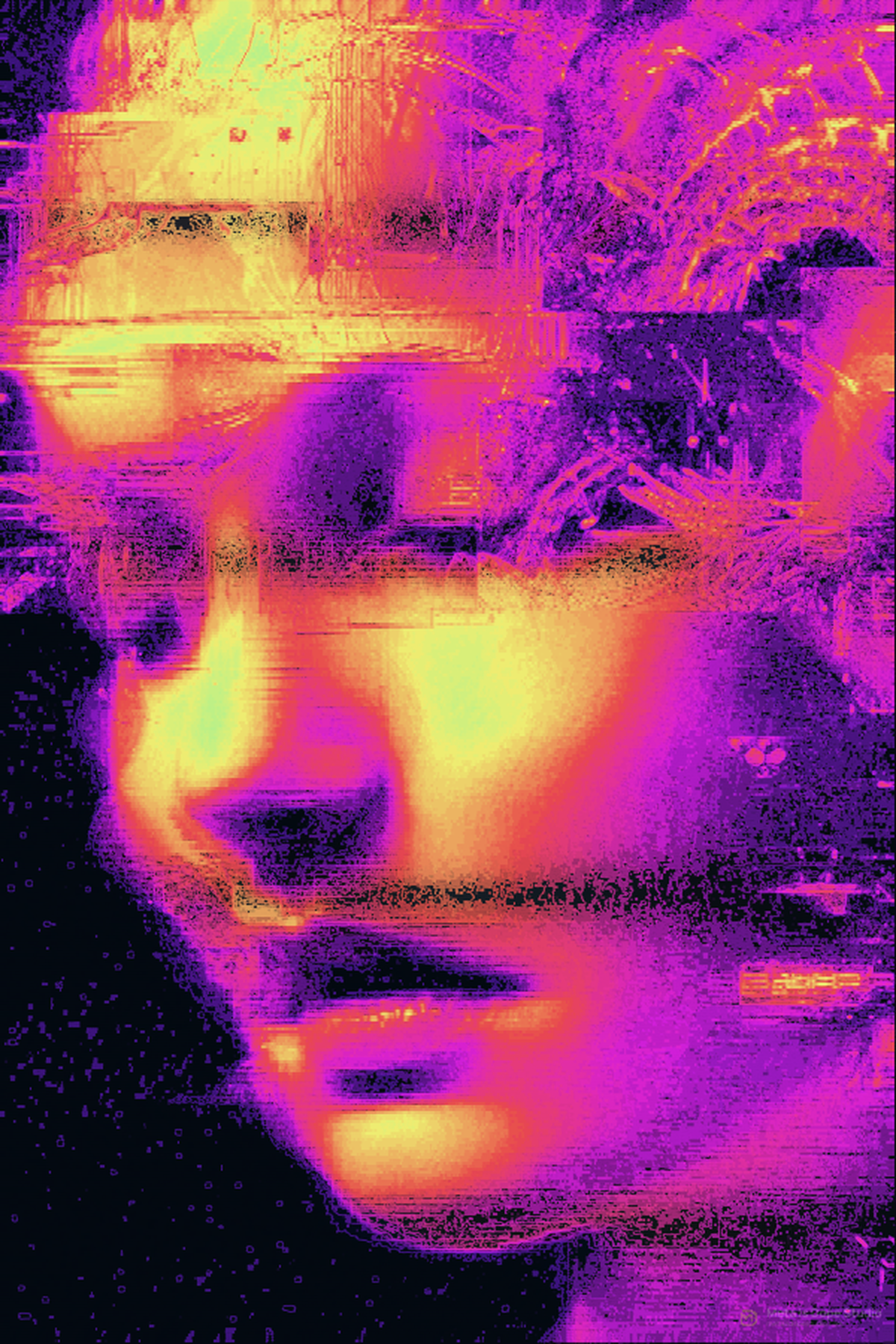 After: a supplied algorithmic glitch treatment of the source portrait.
