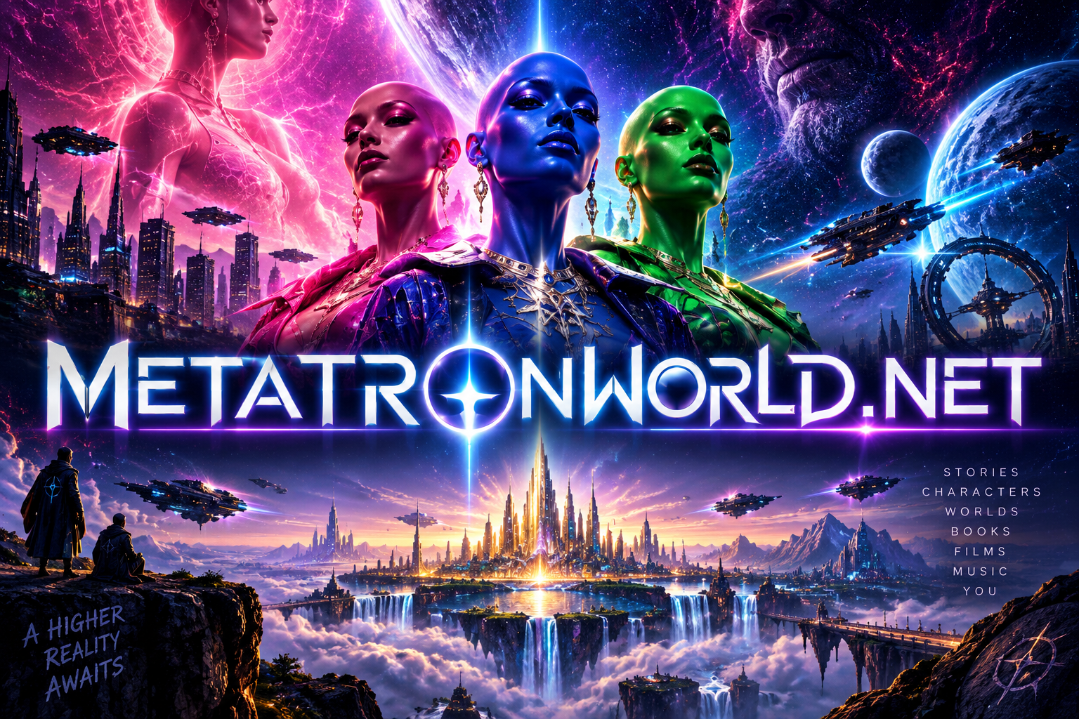 Meta Tron World artwork showing colorful cosmic characters, floating cities, spacecraft, and the live public universe destination.