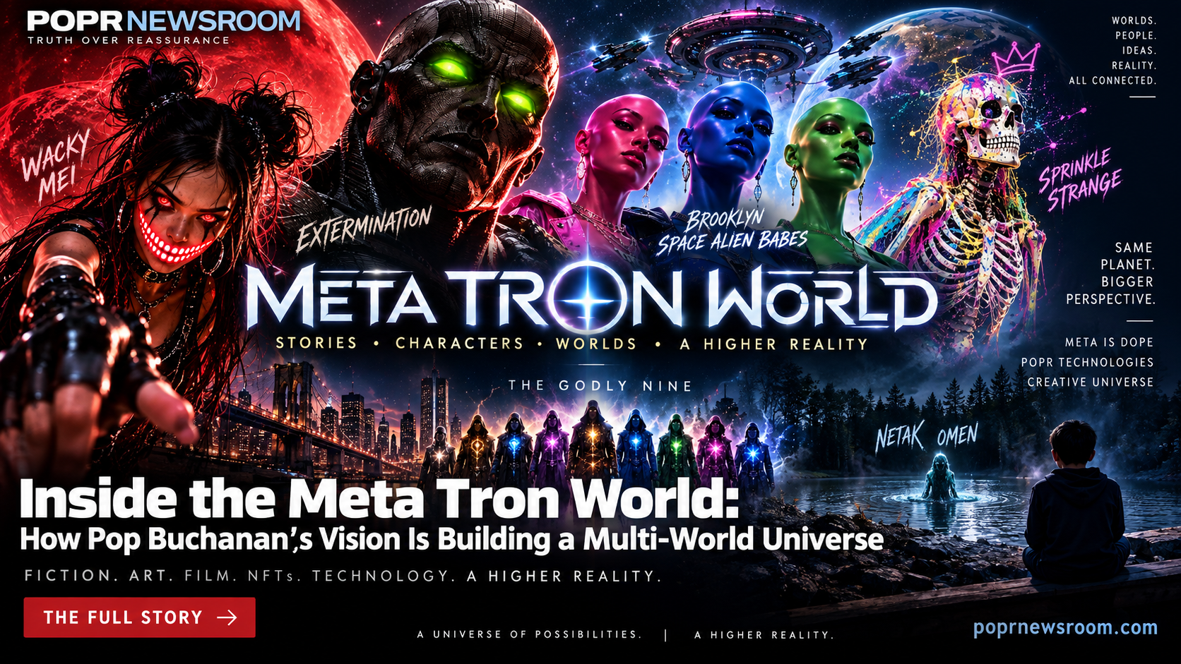 Editorial artwork for Meta Tron World showing Wacky Mei, Extermination, Brooklyn Space Alien Babes, Sprinkle Strange, the Godly Nine, and Netak Omen around the POPR Newsroom feature title.