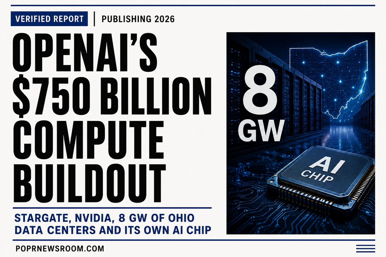 Editorial artwork illustrating OpenAI’s expanding compute infrastructure across Ohio data centers, Stargate, Nvidia accelerators and custom Jalapeño silicon.