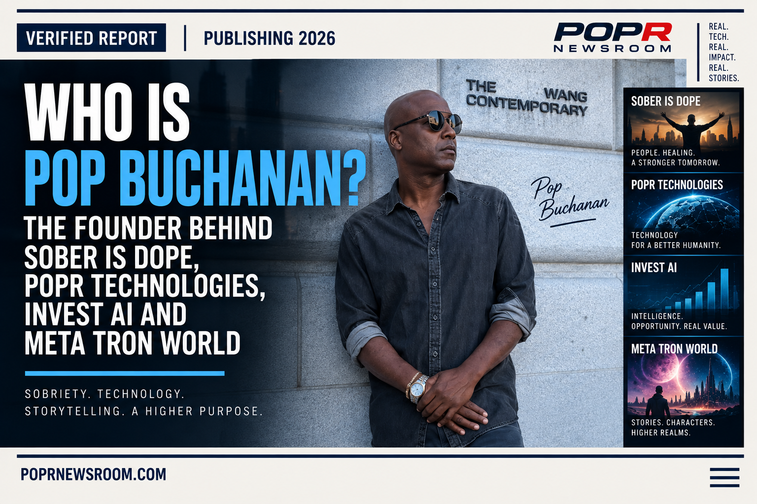POPR Newsroom update graphic about Pop Buchanan's work across recovery, publishing, AI research, software, music and Meta Tron World