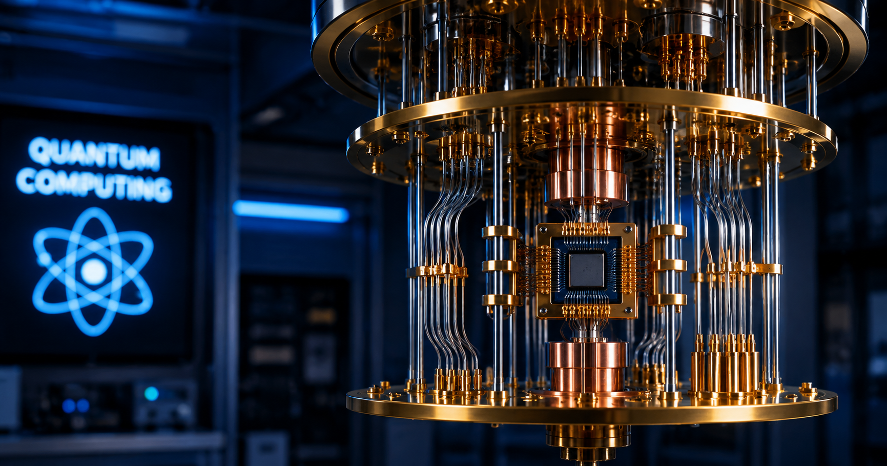 Quantum computing hardware — suspended gold and copper cryogenic assembly with a silicon quantum chip at center, illustrating the cryogenic infrastructure that room-temperature systems aim to replace
