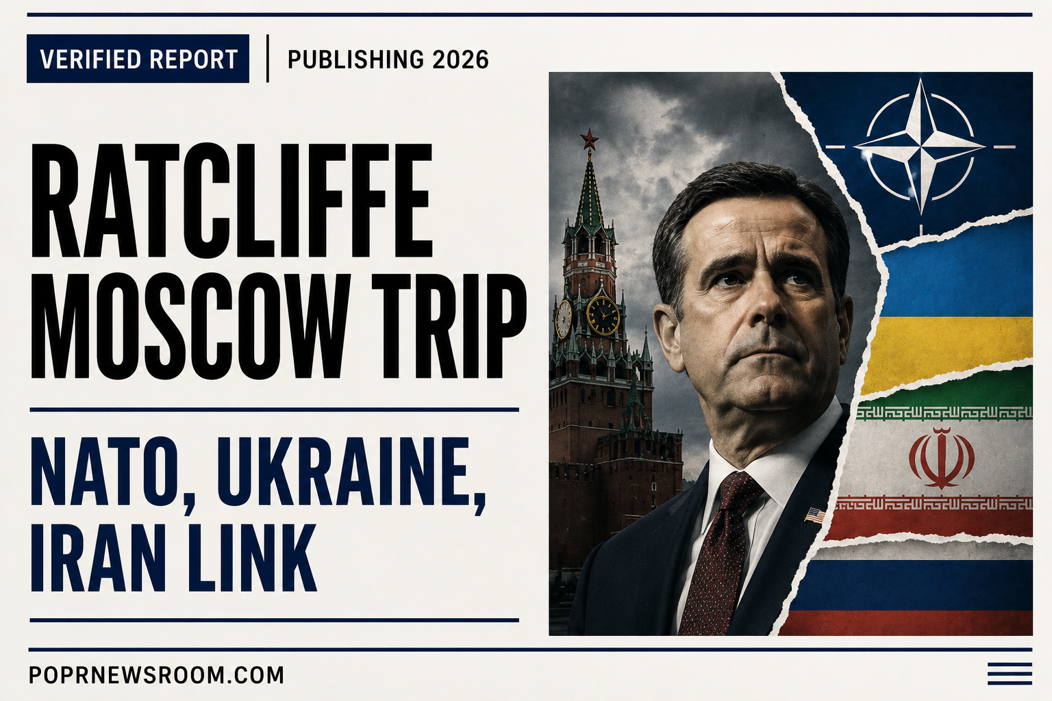 Editorial graphic for POPR Newsroom showing John Ratcliffe in Moscow alongside reported NATO, Ukraine and Iran security connections.