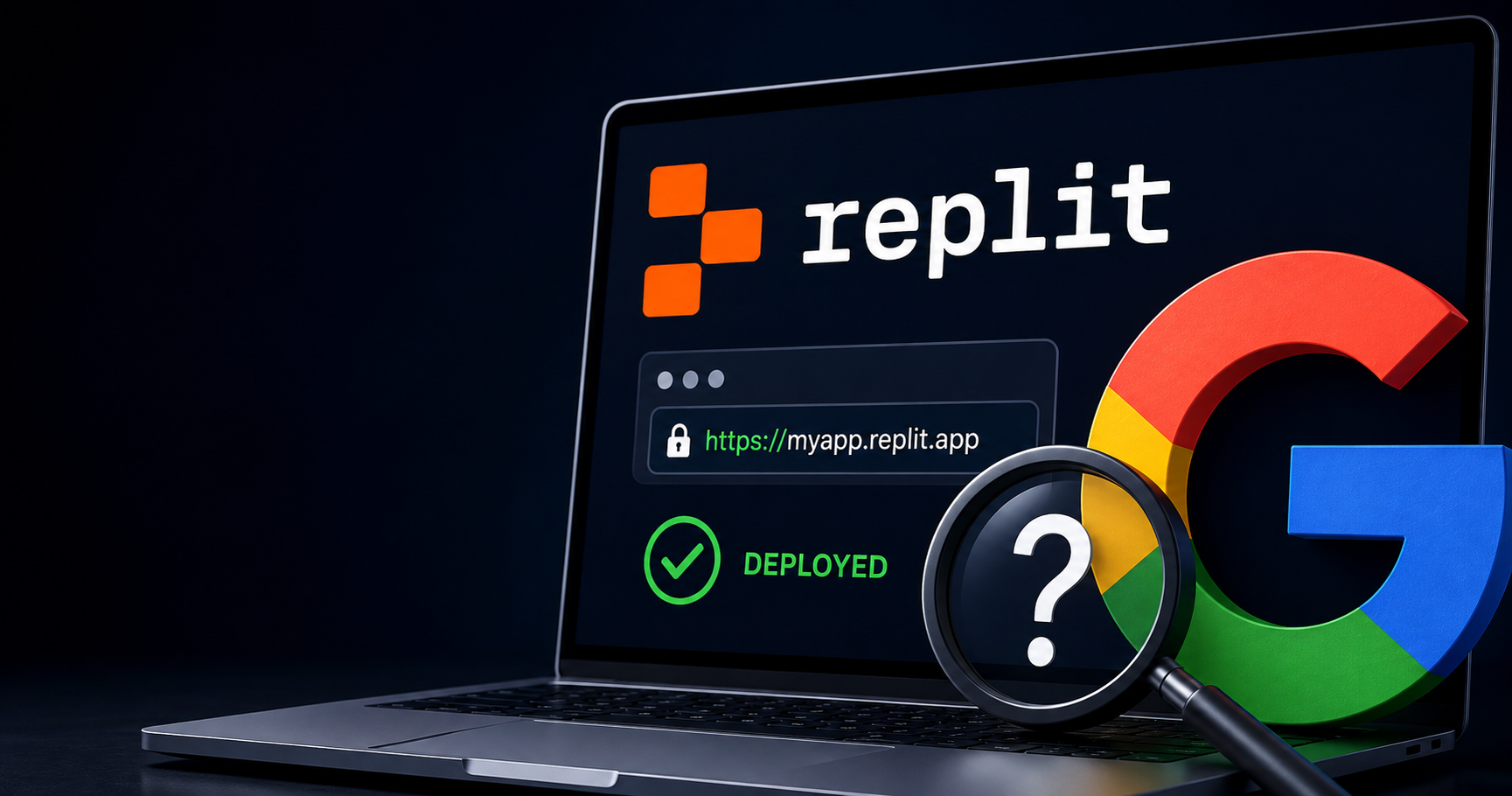 Replit laptop showing 'DEPLOYED' status next to a Google search icon with a question mark — illustrating the gap between deployment and search discovery