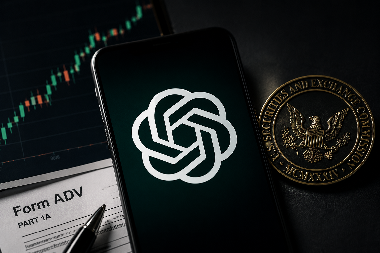 ChatGPT logo on smartphone beside U.S. Securities and Exchange Commission medallion and Form ADV investment adviser document representing AI in financial engineering
