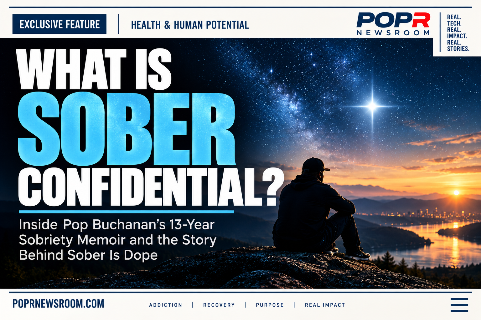 Sober Confidential artwork with Pop Buchanan seated on a rocky overlook at sunrise and the question, What Is Sober Confidential?