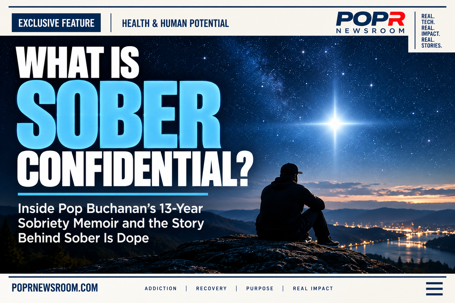 Sober Confidential artwork with Pop Buchanan seated on a rocky overlook beneath a star-filled sky and the question, What Is Sober Confidential?