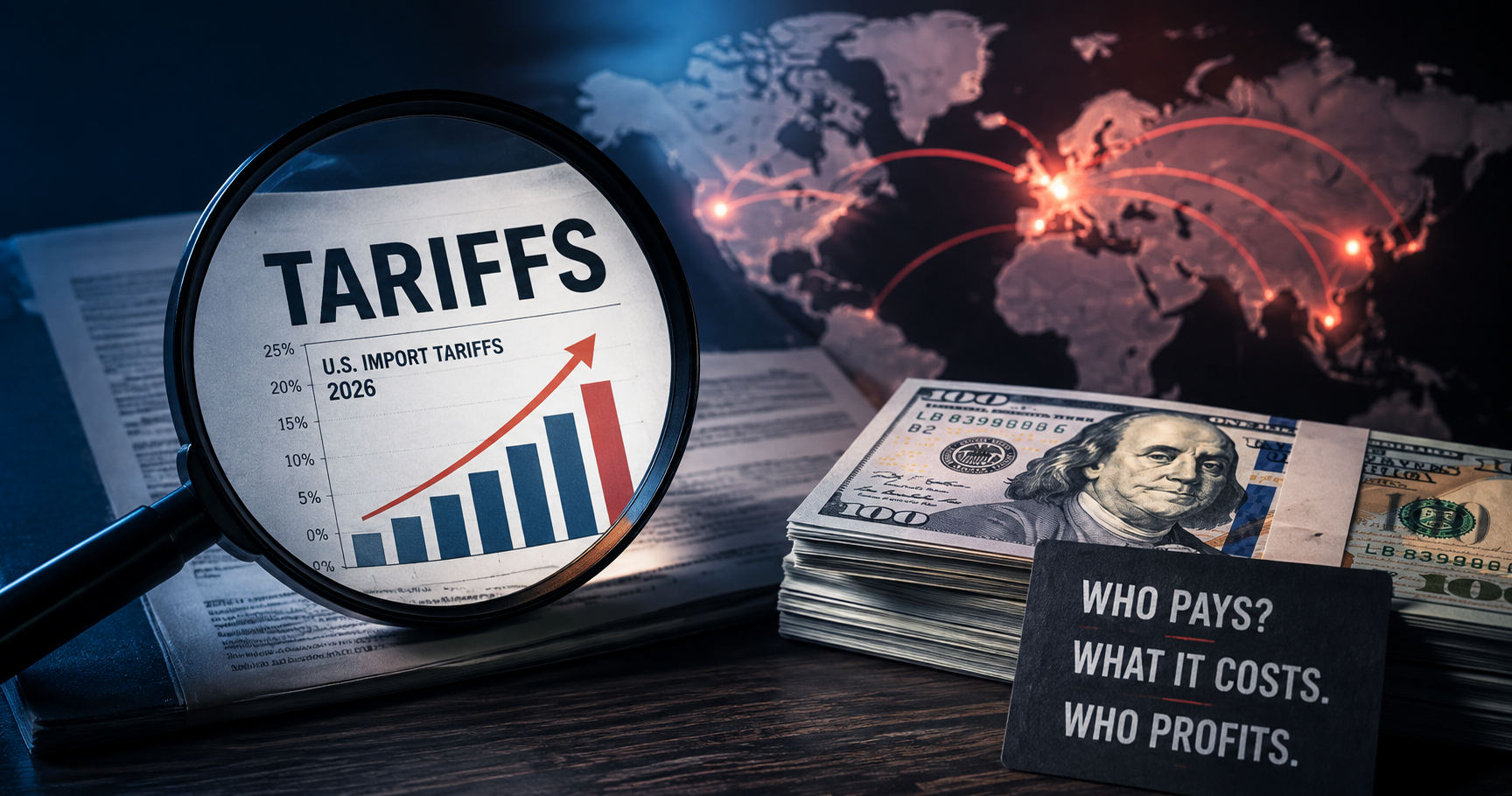 Magnifying glass over a U.S. import tariffs chart rising to 2026, with stacks of cash — POPR Newsroom