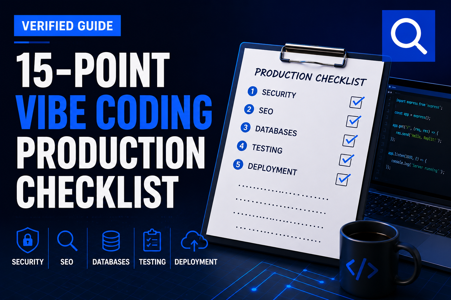 15-Point Vibe Coding Production Checklist — verified guide covering security, SEO, databases, testing and deployment for Replit and AI coding agents in 2026