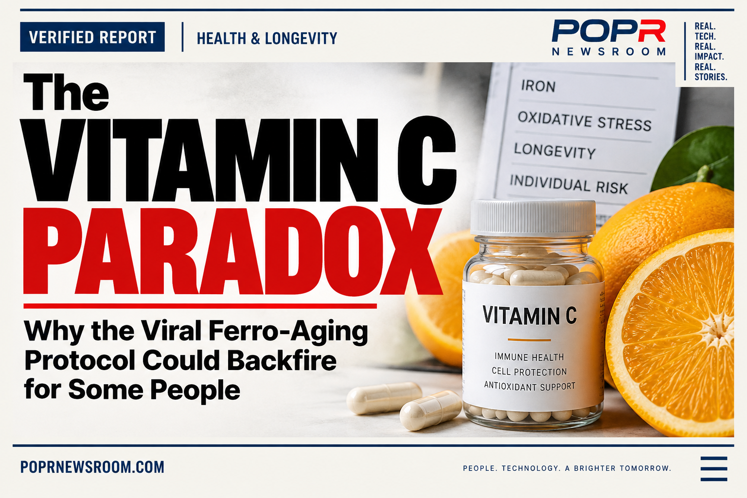 POPR Newsroom Health Research artwork about vitamin C, ferro-aging, iron, ACSL4 and the limits of translating primate research to people.