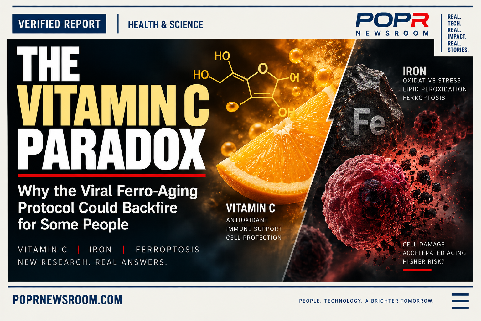 POPR Newsroom Health Research report about the vitamin C paradox, ferro-aging, ACSL4, iron and the limits of a human longevity protocol.